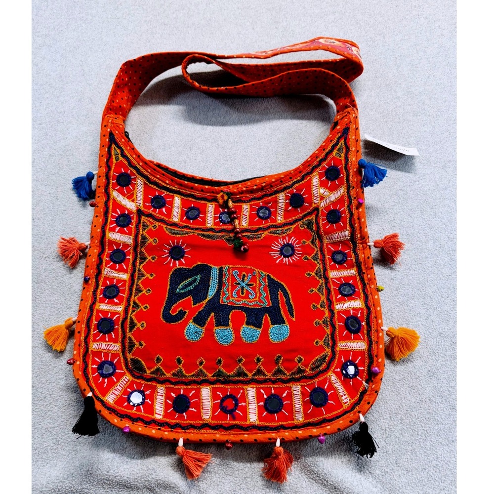 Deb & Dave Hobo Bag Womens OS Red Elephant Embroidered Mirror Tassel Boho Bag